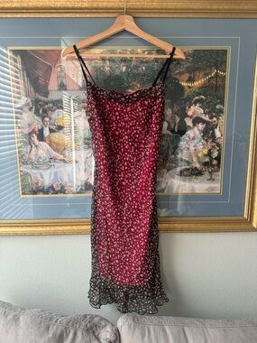 American Vintage Burgundy Floral Midi Slip Dress with Black Floral Overlay